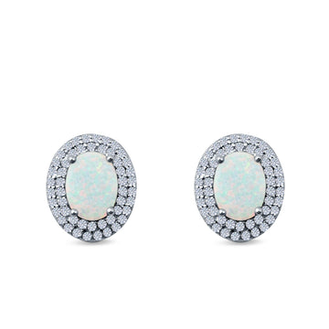 Double Halo Stud Earrings Oval Lab Created White Opal Simulated CZ 925 Sterling Silver